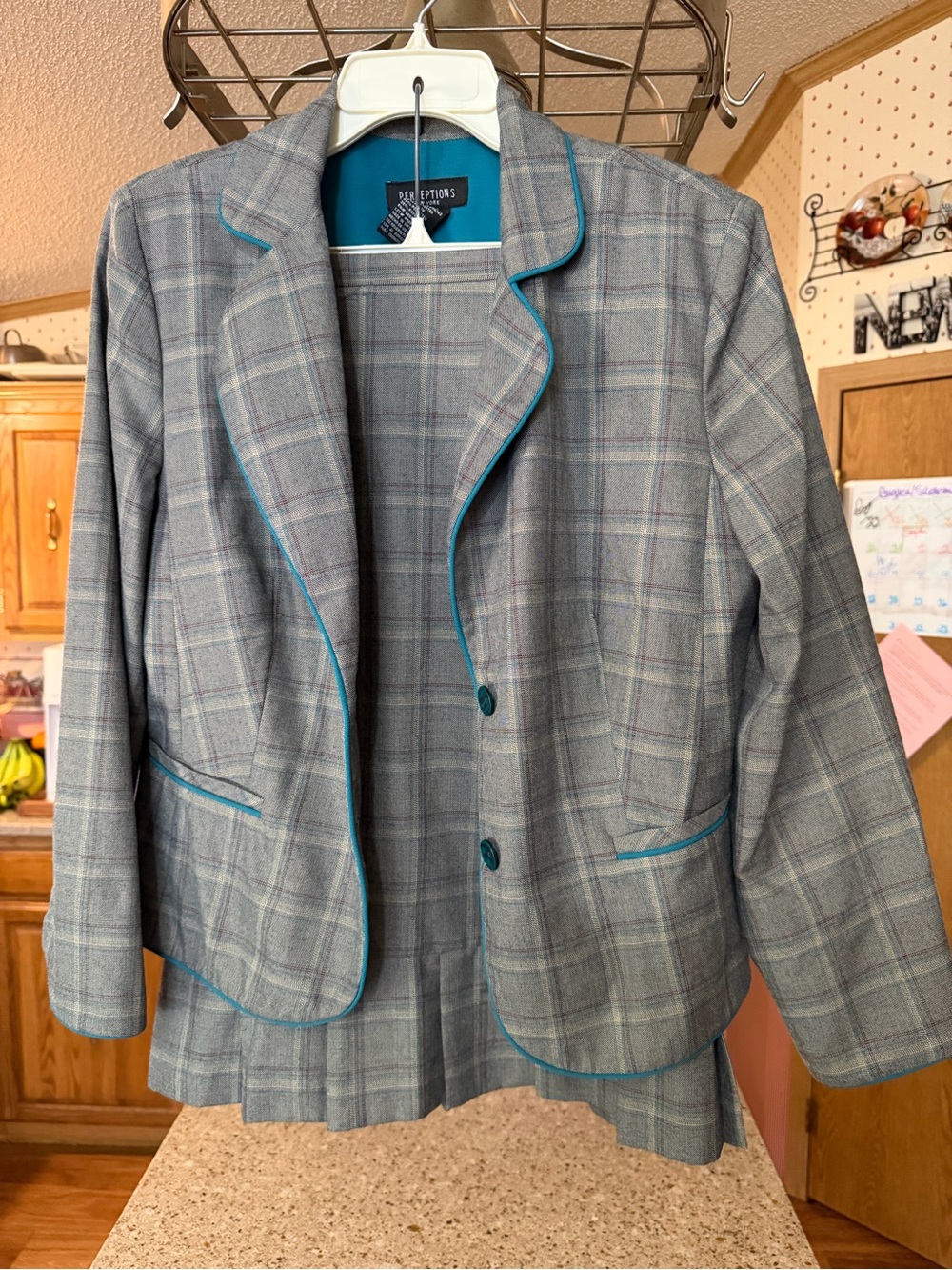 Perceptions Gray Plaid Blazer with Teal Trim